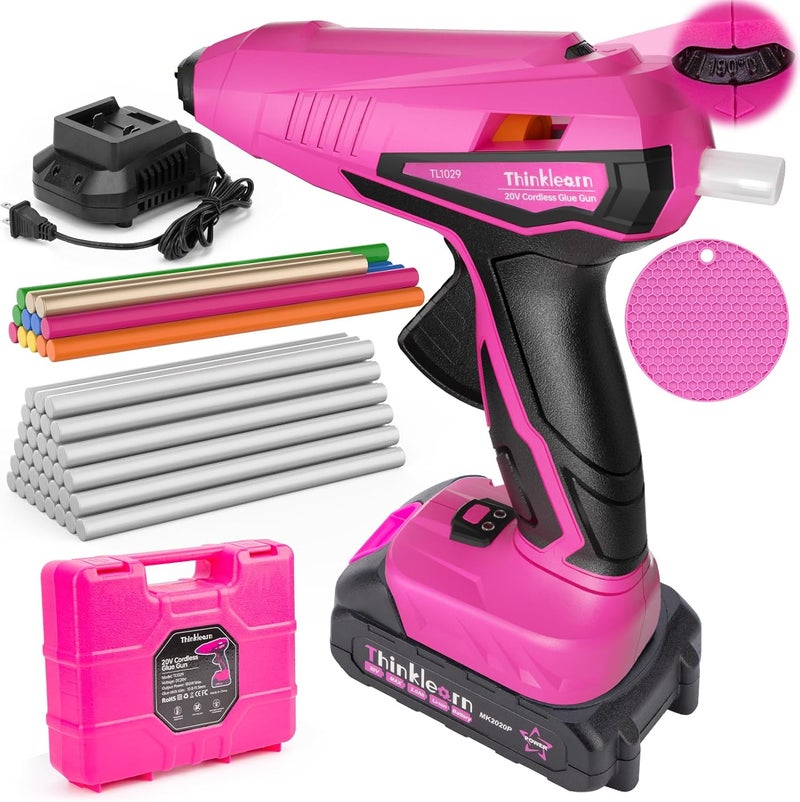 ThinkLearn Cordless Hot Glue Gun - 20V Temp Adjust Hot Glue Gun with 43PCS Full Size Hot Glue Sticks, Pink Fast Heating Glue Gun and Sticks Set for DIY, Arts & Craft, Decorations, Gift for Women - Image 1